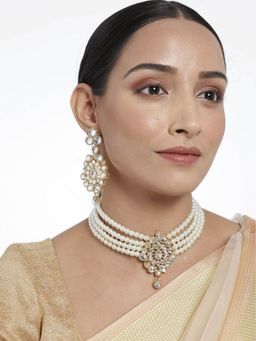 I Jewels - Gold Plated Traditional Kundan with Beads Choker Necklace Jewellery Set (ML268W)