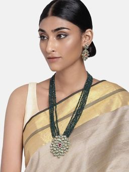I Jewels - 5 Layered Emerald Onyx Crystal Beads Long Necklace Jewellery Set (ML269G)
