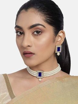 I Jewels - Gold Plated Traditional Stone Pearl Choker Necklace Jewellery Set (ML237Bl)