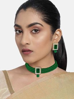 I Jewels - Gold Plated Traditional Stone Pearl Choker Necklace Jewellery Set (ML237GG)