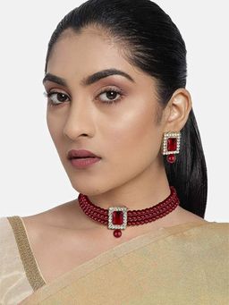 I Jewels - Gold Plated Traditional Stone Pearl Choker Necklace Jewellery Set (ML237MM)