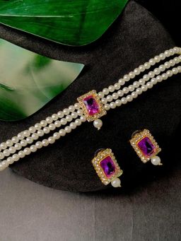 I Jewels - Gold Plated Traditional Stone Pearl Choker Necklace Jewellery Set (ML237Pu)