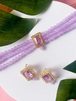 I Jewels - Gold Plated Traditional Stone Pearl Choker Necklace Jewellery Set (ML237PuPu)