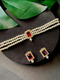 I Jewels - Gold Plated Traditional Stone Pearl Choker Necklace Jewellery Set (ML237Wi)