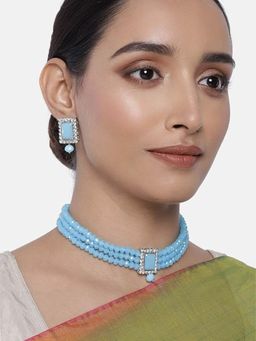 I Jewels - Silver Plated Traditional Stone Pearl Choker Necklace Jewellery Set (ML237ZSb)