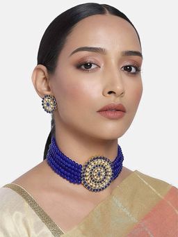 I Jewels - Gold Plated Traditional Pearl Beaded Choker Necklace Jewellery Set (ML239BL)