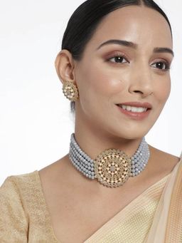 I Jewels - Gold Plated Traditional Stone Beaded Choker Necklace Jewellery Set (ML239Gr)