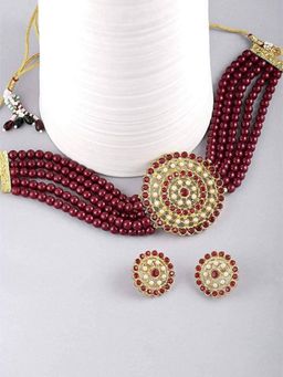 I Jewels - Gold Plated Traditional Pearl Beaded Choker Necklace Jewellery Set