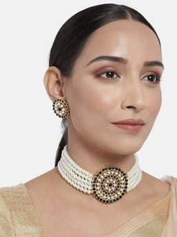 I Jewels - Gold Plated Traditional Pearl Beaded Choker Necklace Jewellery Set (ML239WB)