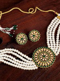 I Jewels - Gold Plated Traditional Pearl Beaded Choker Necklace Jewellery Set (ML239WG)