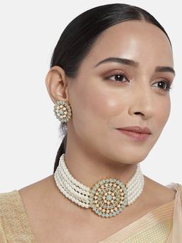 I Jewels - Gold Plated Traditional Pearl Beaded Choker Necklace Jewellery Set (ML239WSB)