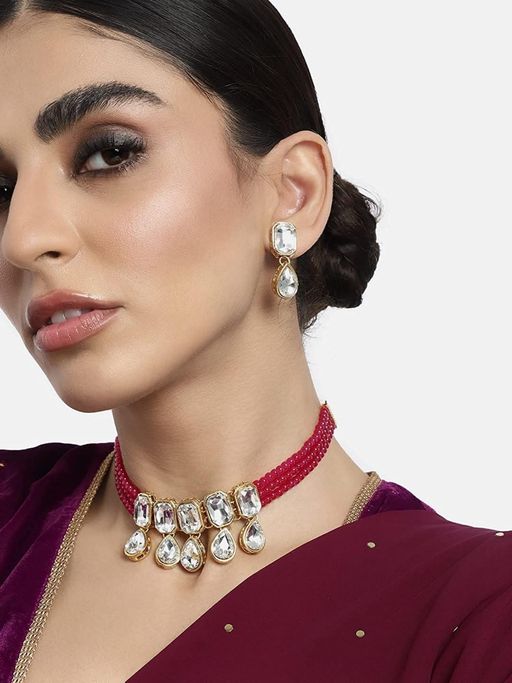 I Jewels Crystal Pearl Traditional Choker Necklace with Earrings Jewellery Set (ML249Pi)