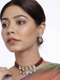 I Jewels - Gold Plated Traditional Crystal Stone Pearl Choker Necklace Jewellery Set (ML249M)