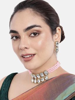 I Jewels - Rhodium Plated Traditional Crystal Stone Pearl Choker Necklace Jewellery Set (ML249ZPi)