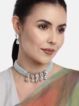 I Jewels - Rhodium Plated Traditional Crystal Stone Pearl Choker Necklace Jewellery Set (ML249ZSB)