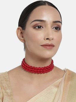 I Jewels - Gold Plated Handcrafted 3 Layer Light Weighted Ruby Pearl Choker Necklace (ML251R)