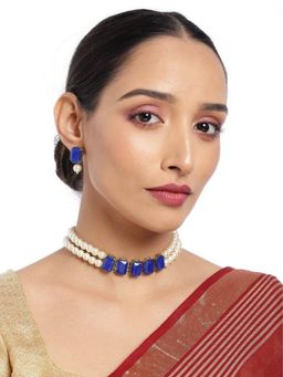 I Jewels - Gold Plated Traditional Pearl Choker Necklace Jewellery Set (ML287Bl)