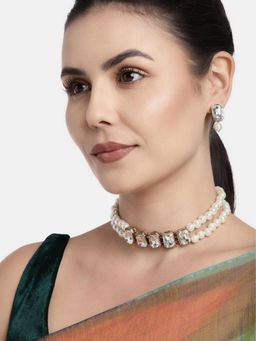 I Jewels - Gold Plated Traditional Crystal Stone Pearl Choker Necklace Jewellery Set (ML287W)