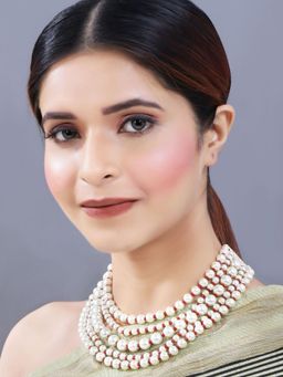 I Jewels - Gold Plated 5 Layered Pearl Beads Rani Necklace (ML290M)