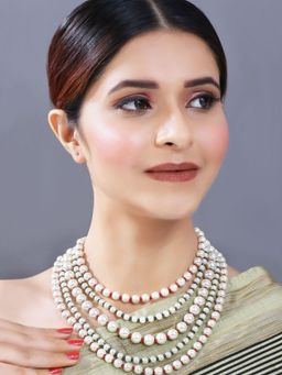 I Jewels - Gold Plated 5 Layered Pearl Beads Rani Necklace (ML290MG)