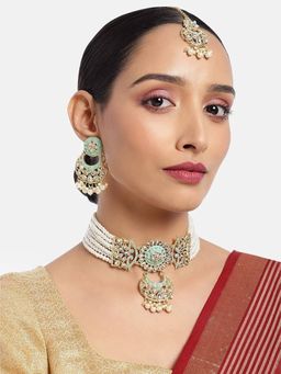 I Jewels - Gold Plated Traditional Kundan Studded Pearl Choker Necklace Jewellery Set (ML291Min)