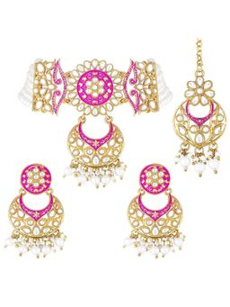 I Jewels - Gold Plated Traditional Kundan Studded Pearl Choker Necklace Jewellery Set (ML291Pi)