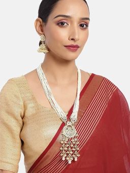 I Jewels - Gold Plated Ethnic Kundan Pearl Studded Long Necklace Set For Women (ML296W)