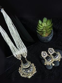 I Jewels - Gold Plated Ethnic Kundan Pearl Meenakari Long Necklace Set For Women (ML297BL)