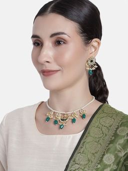 I Jewels - Gold Plated Green Beaded Pearl Moti Mala Necklace Jewellery Set (ML301G)