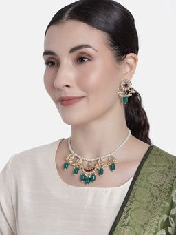 I Jewels - Gold Plated Green Beaded Pearl Moti Mala Necklace Jewellery Set (ML301M)