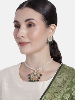 I Jewels - Gold Plated Kundan Pearl Beaded Moti Mala Necklace Jewellery Set for Women (ML303G)