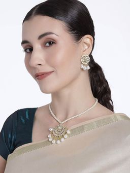 I Jewels - Gold Plated Kundan Pearl Studded Moti Mala Necklace Jewellery Set for Women (ML303W)