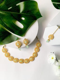 I Jewels - Traditional Pearl Necklace with Earrings & Maang Tikka Set For Women And Girls (Mint)