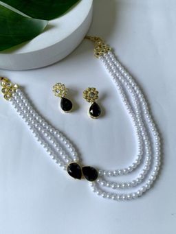 I Jewels - Gold Plated Traditional Stone Pearl Long Necklace Jewellery Set For Women (ML315B)