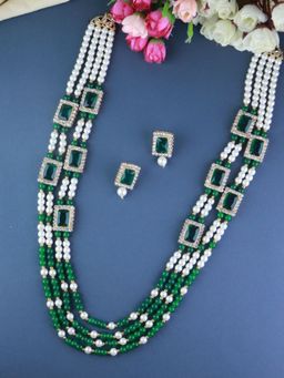 I Jewels - Gold Plated Traditional Stone Multi Strand Long Pearl Necklace Jewellery Set (ML317G)