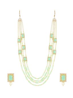 I Jewels - Gold Plated Traditional Stone Multi Strand Long Pearl Necklace Jewellery Set (ML317Min)
