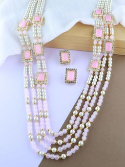 I Jewels - Gold Plated Traditional Stone Multi Strand Long Pearl Necklace Jewellery Set (ML317Pi)