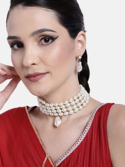 I Jewels - Gold Plated Traditional Pearl Moti Choker Necklace Jewellery Set with Earrings (ML314W)