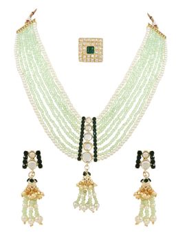 I Jewels - Gold Plated Traditional Kundan & Mint Beads Multistrand Necklace For Women (ML320Min)