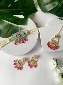 I Jewels - Gold Plated Pearl Polki Kundan Choker Necklace Set for Women (ML330QSb)