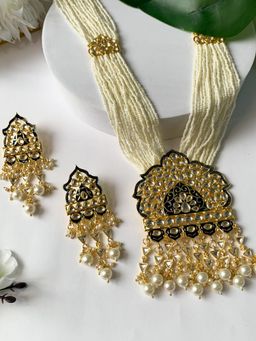 I Jewels - Gold Plated Meenakari Kundan Multi Strand Long Pearl Necklace Jewellery Set (ML326Bl)