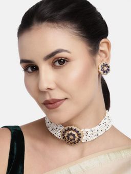 I Jewels - Gold Plated CZ Crystal Studded Pearl Choker Necklace Jewellery Set for Women (ML312Bl)