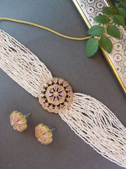 I Jewels - Gold Plated CZ Crystal Studded Pearl Choker Necklace Jewellery Set for Women (ML312Pi)