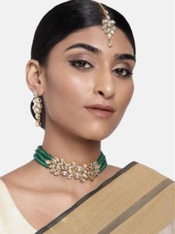 I Jewels - Gold Plated Traditional Stone Pearl Choker Necklace Jewellery Set For Women (ML285G)