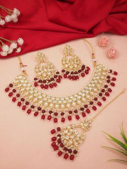 I Jewels - Gold Plated Red Traditional Kundan Pearl Choker Necklace Jewellery Set K7262M