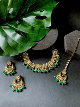 I Jewels - Gold Plated Traditional Green Foral Choker Necklace Jewellery Earrings Set K7268G