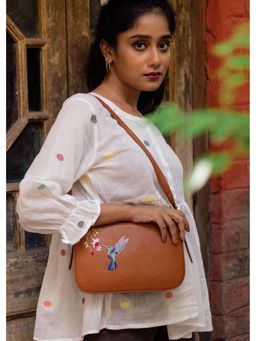 Miri - Tan Hand Embroidered Humming Bird Baguette Bag