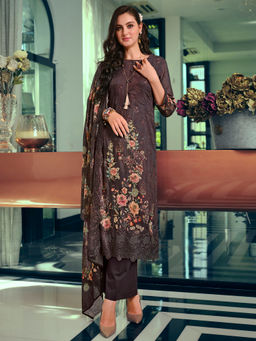 Stylee LIFESTYLE - Brown Muslin Floral Print Unstitched Dress Material (Set of 3)
