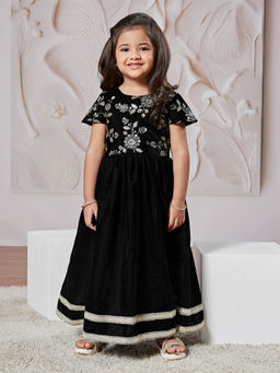 Vastramay - Black Half Sleeves Vetvet Floral Embroidered Sequinned Gown