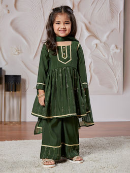Vastramay - Green Full Sleeves Anarkali Kurta with Palazzo & Dupatta (Set of 3)